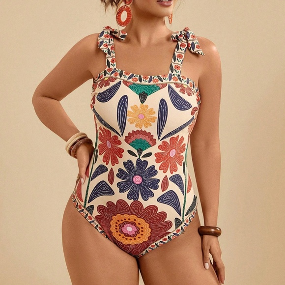 Plus Floral Print Shoulder Tie Multicolor One Piece Monokini Swimsuit - Picture 2 of 4